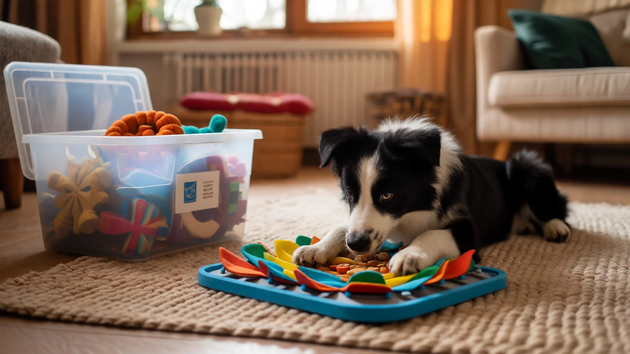 Border collie puppy engaging with an interactive puzzle toy while others are stored away