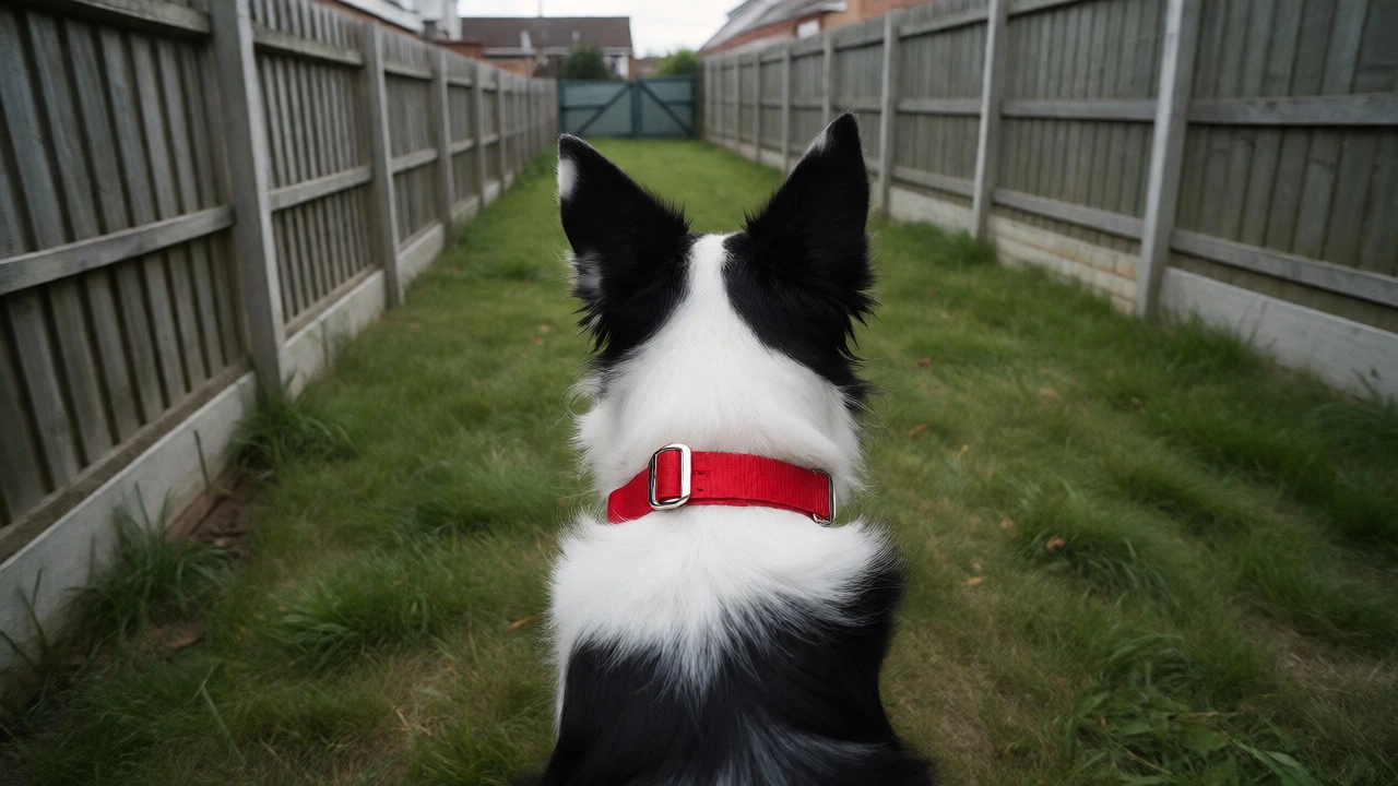 Border Collie wearing a red breakaway collar in a fenced backyard.