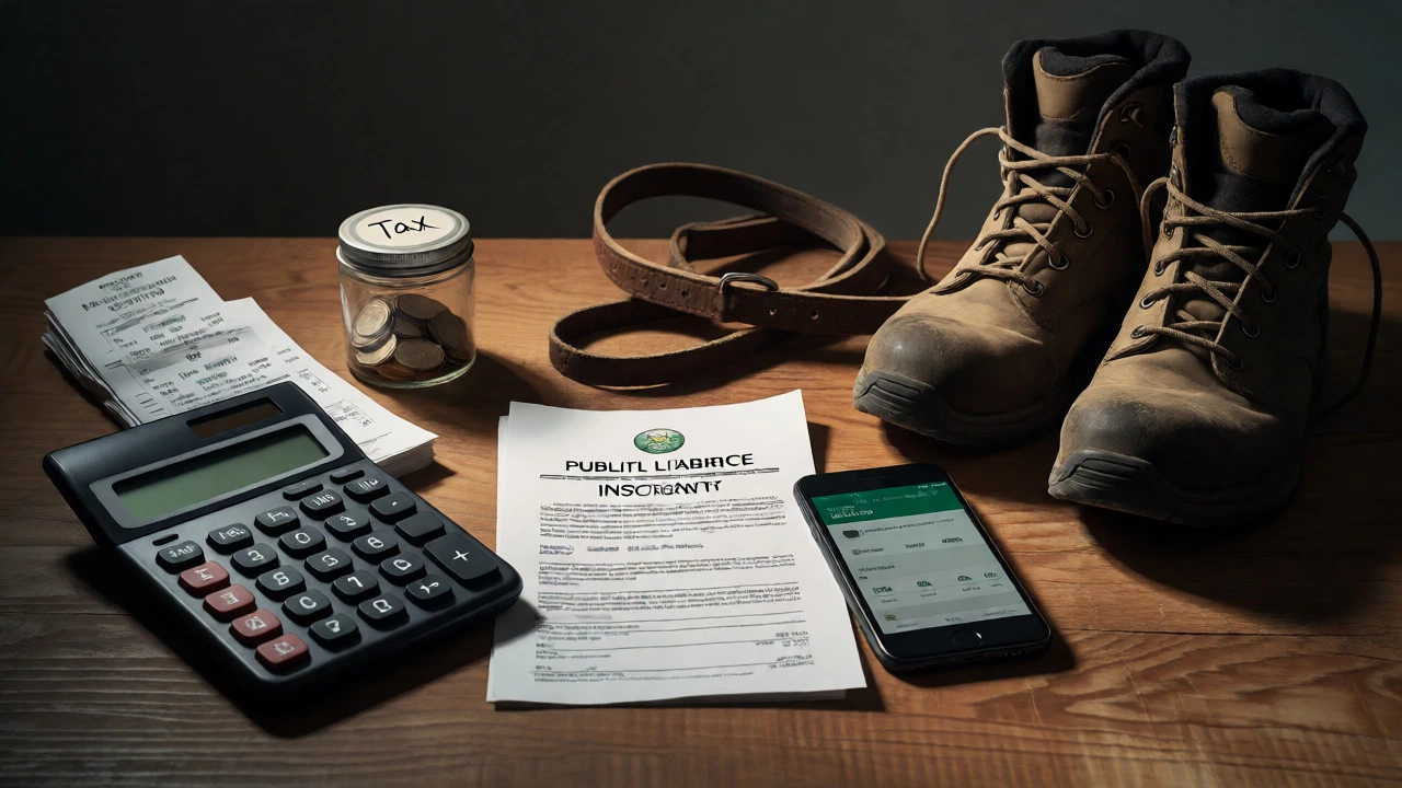 Calculator, receipts, and dog gear illustrating business costs