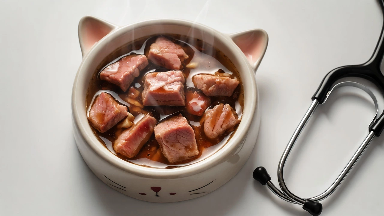 Close-up of a bowl of wet cat food with meat chunks and a stethoscope nearby.