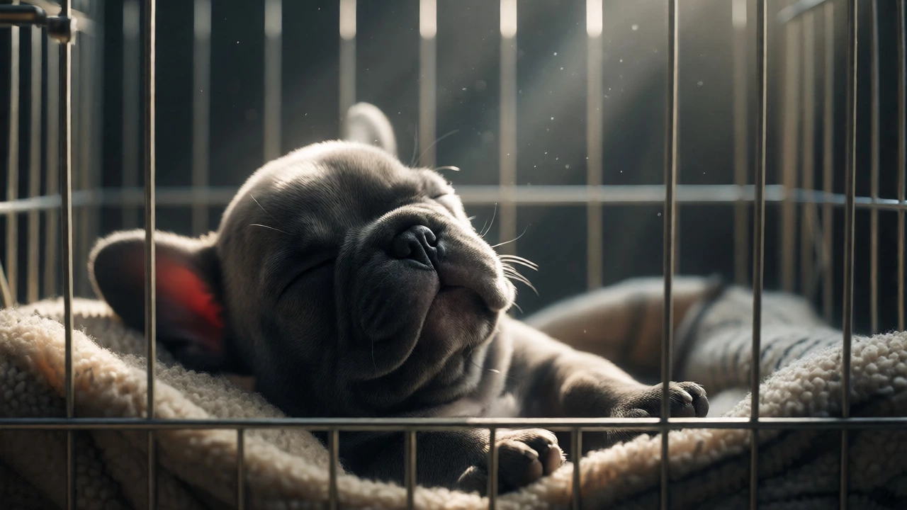Close-up of a French Bulldog puppy sleeping soundly in a crate under soft ambient light.