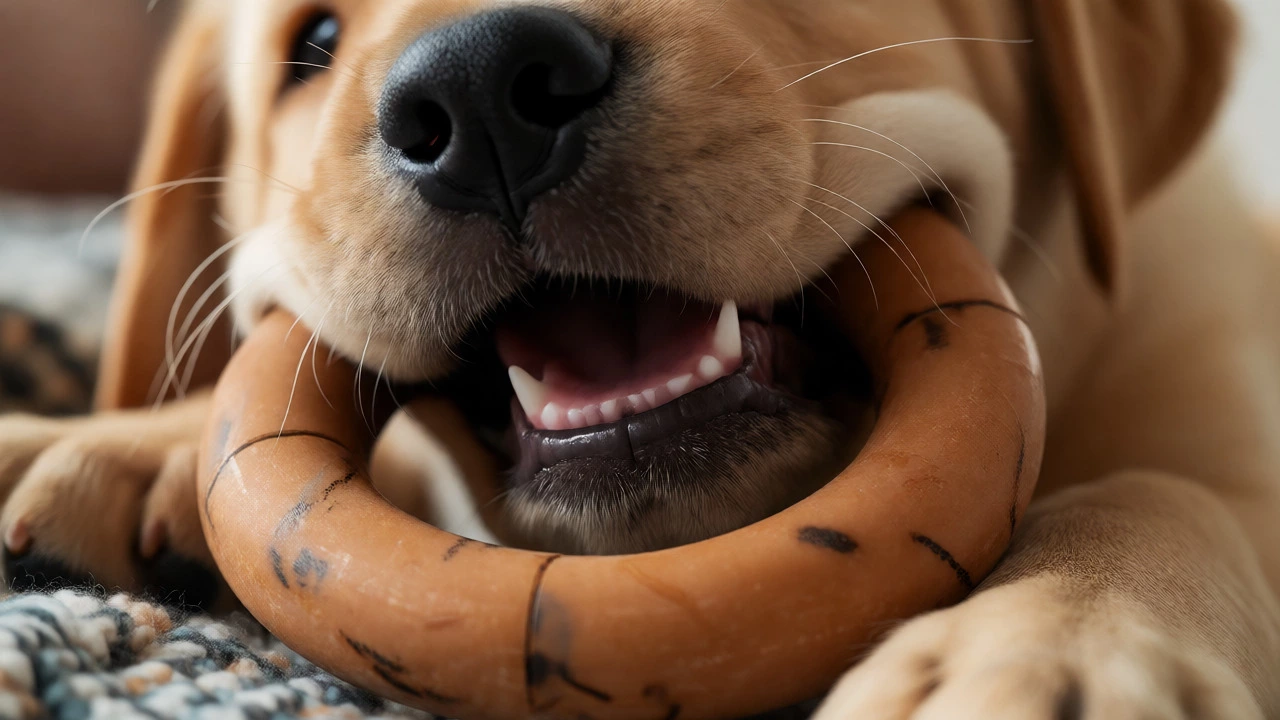 Close-up of a labrador puppy safely chewing on a durable natural rubber teething ring