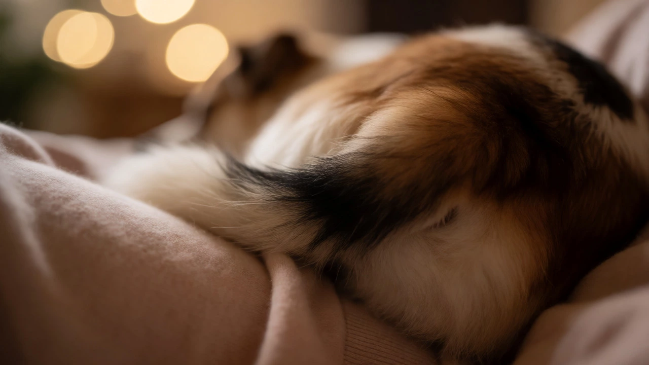 Close-up of a sleeping dog's tail and hindquarters resting against a human leg.