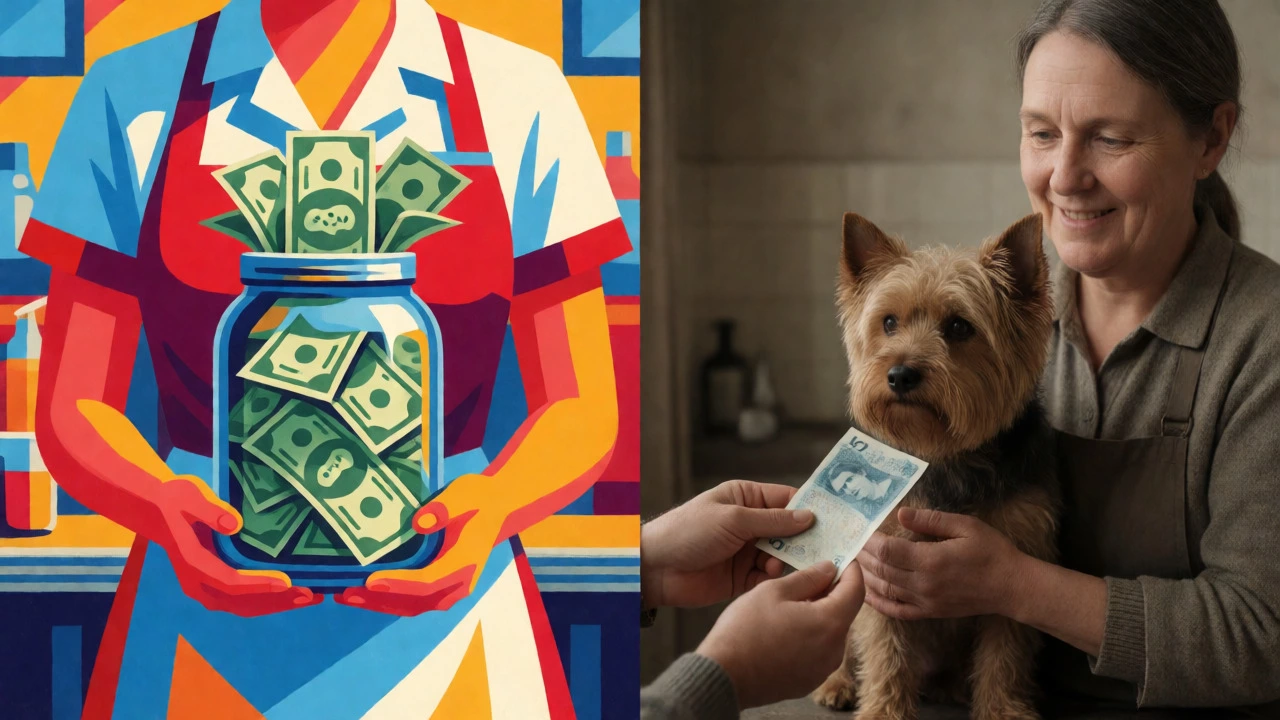 Comparison showing US tipping culture versus direct cash appreciation for UK groomers