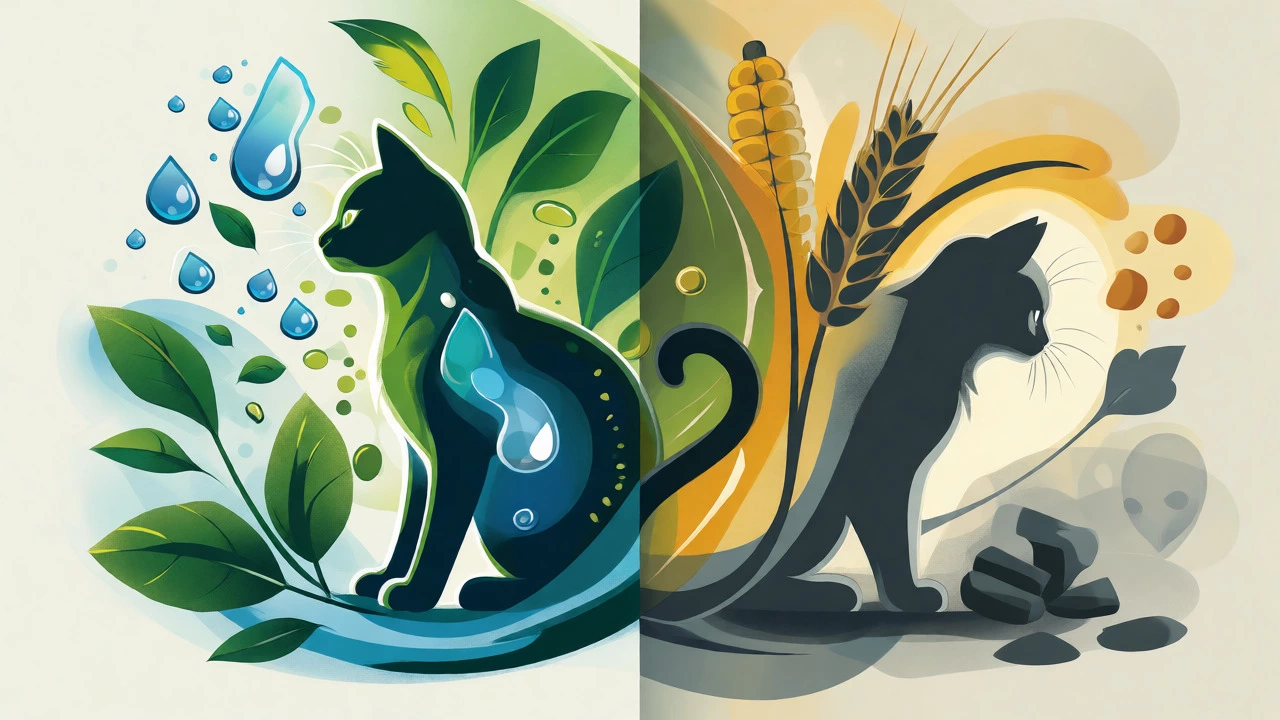 Conceptual illustration comparing a hydrated healthy cat to a lethargic one.