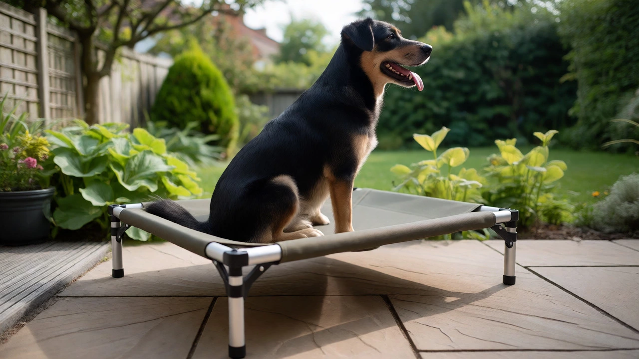 Dog sitting on a durable elevated bed on a sunny garden patio
