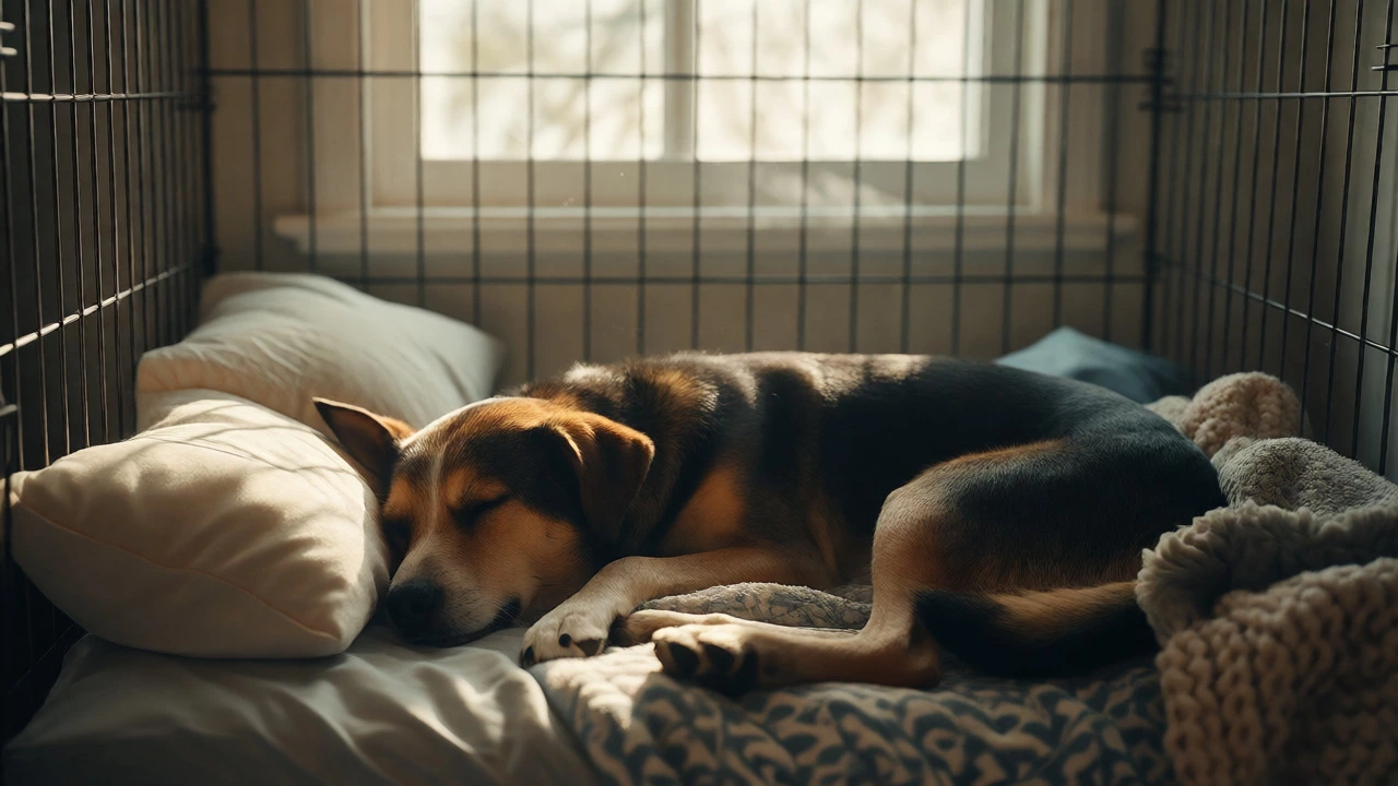 Dog sleeping comfortably without a collar in a sunlit crate.