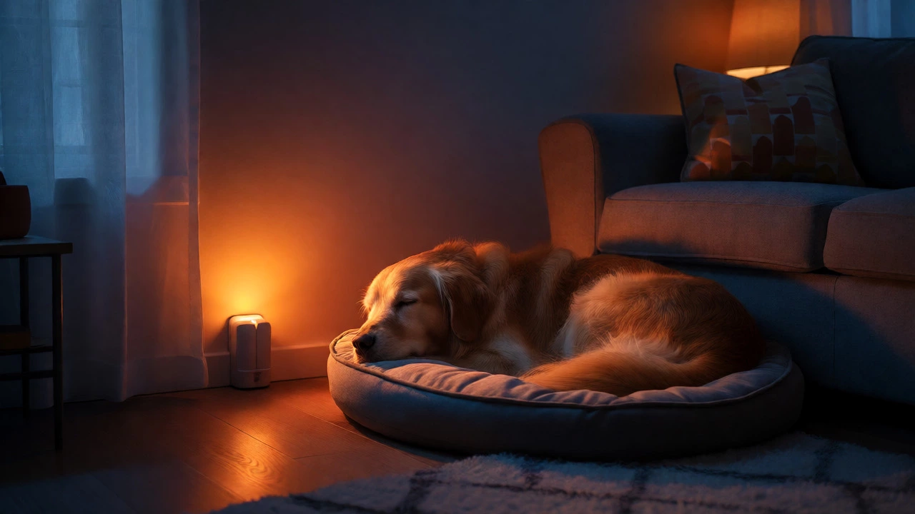 Dog sleeping peacefully under a soft amber nightlight