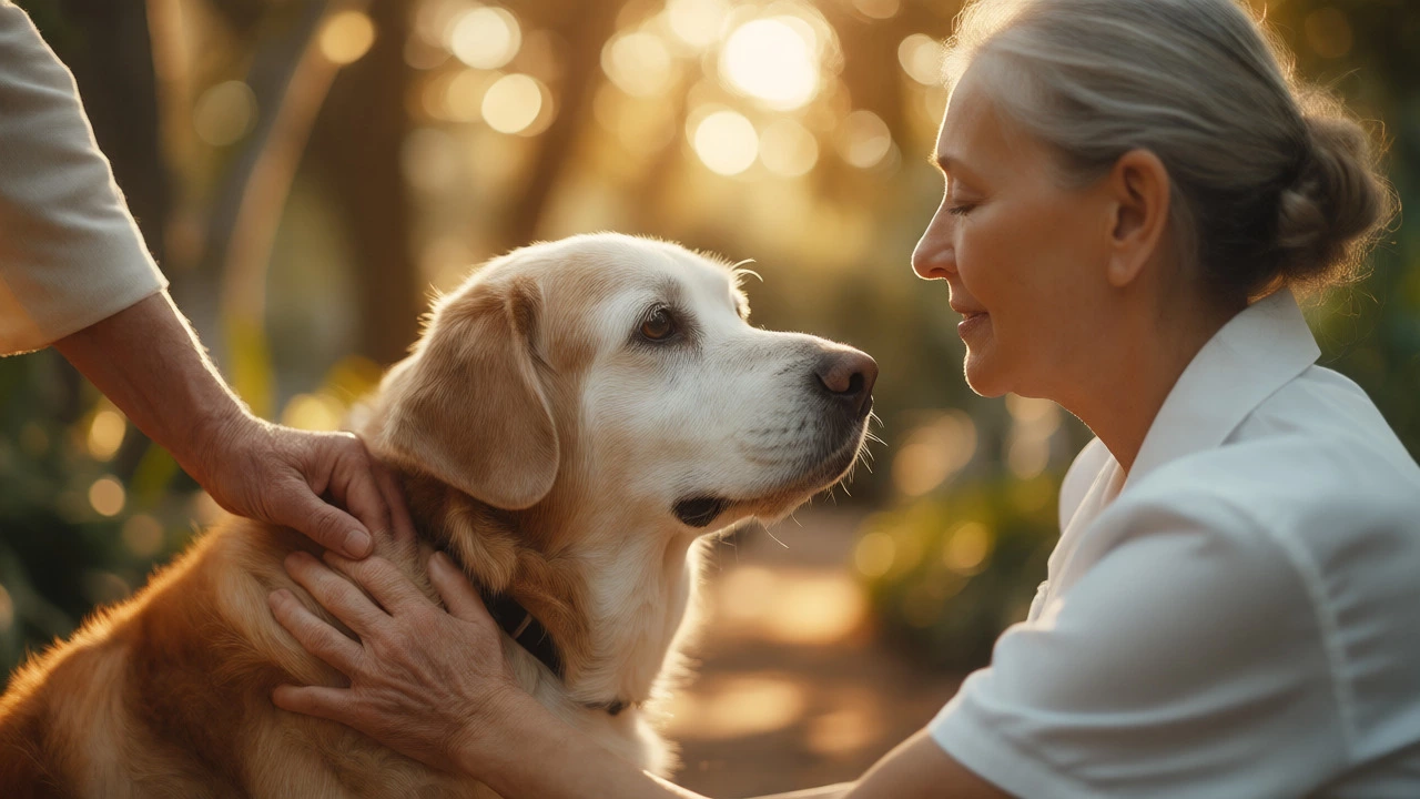 Elderly owner and professional walker attending to a senior dog