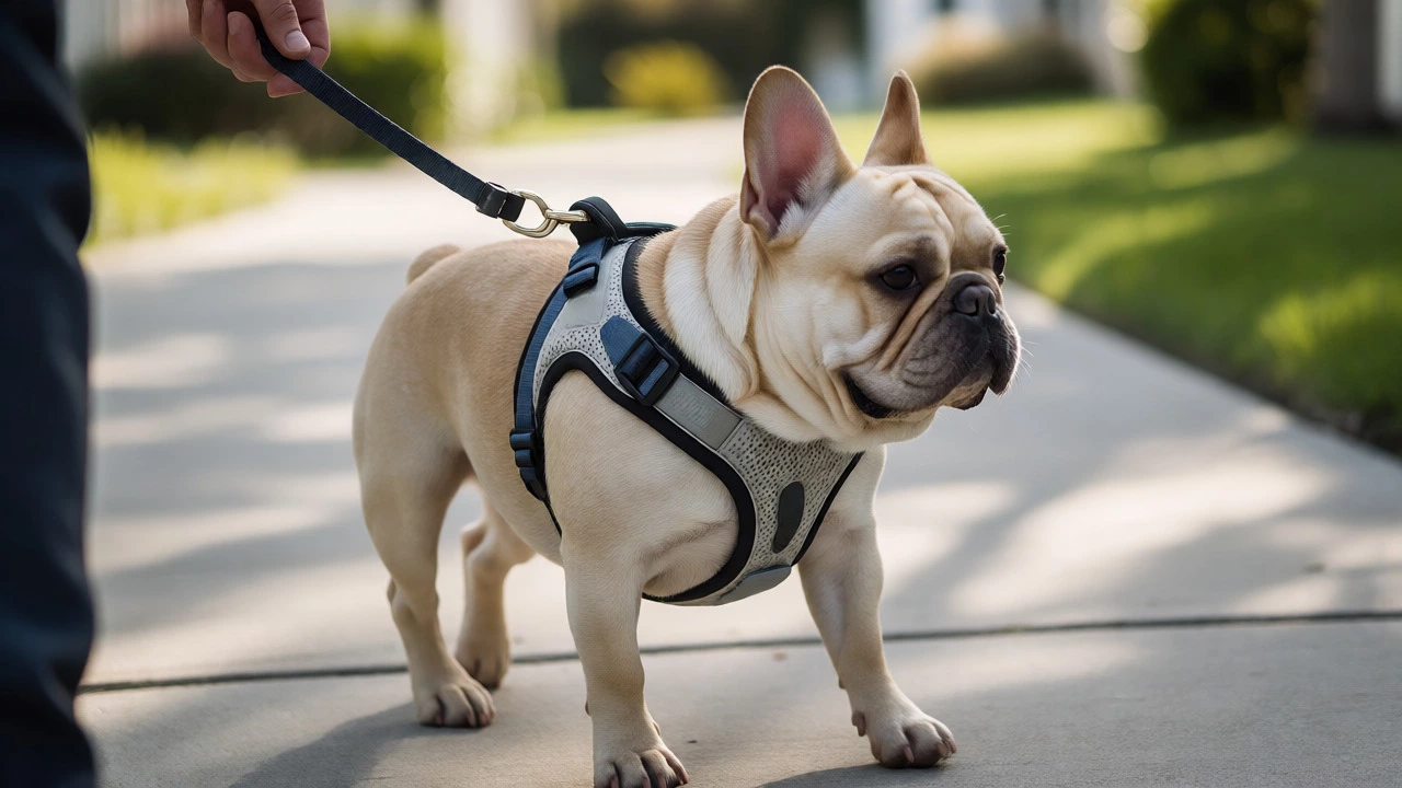 French Bulldog wearing a Y-shaped harness on a walk