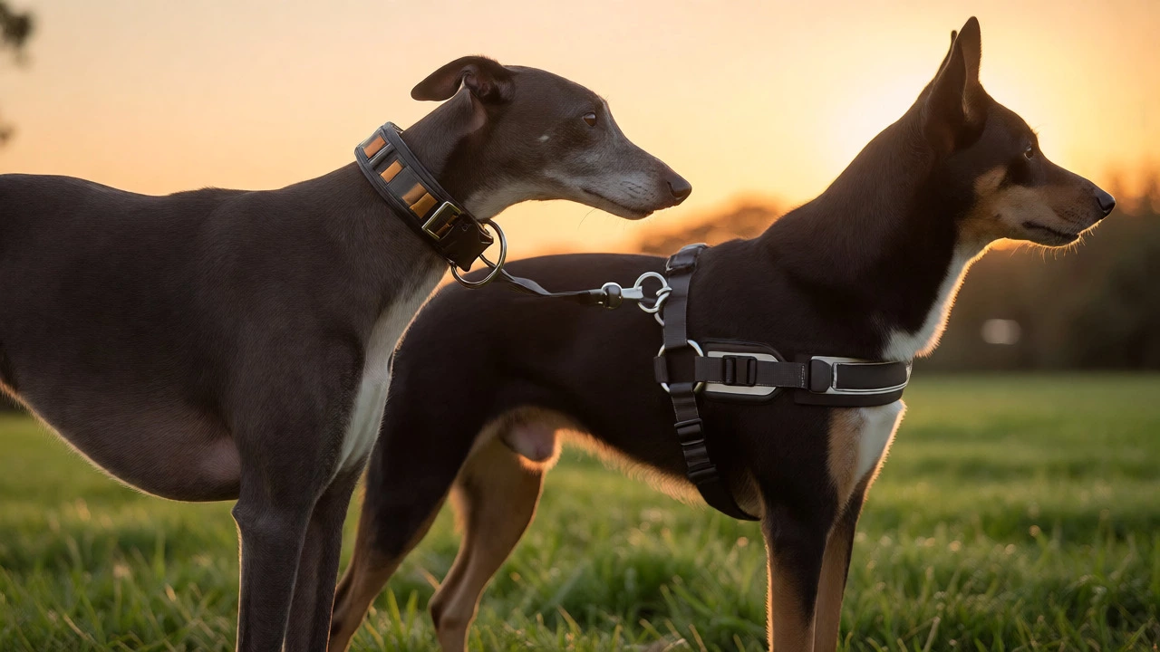 Greyhound with martingale collar and dog with harness