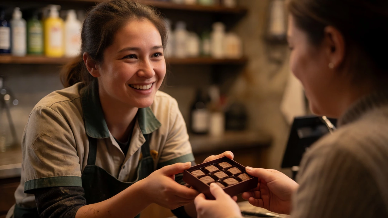 Groomer smiling as she receives a gift of chocolates from a grateful client