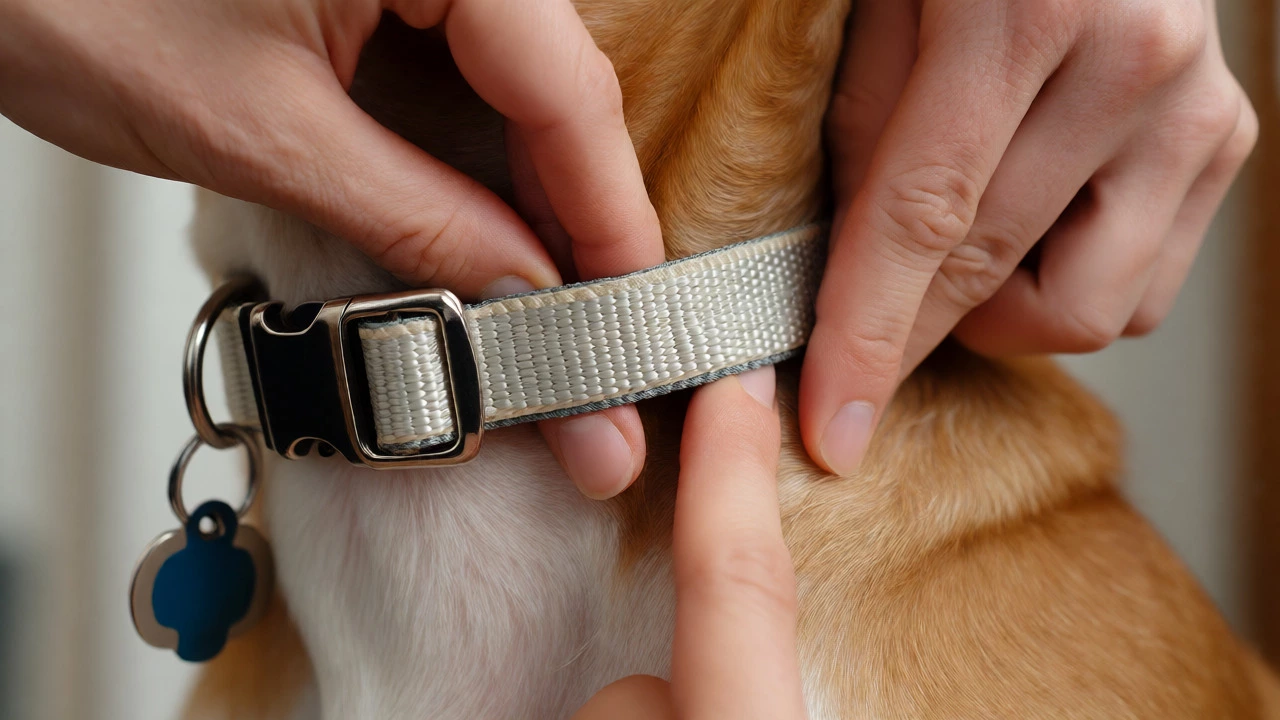 Hands demonstrating the two-finger rule for fitting a dog collar.