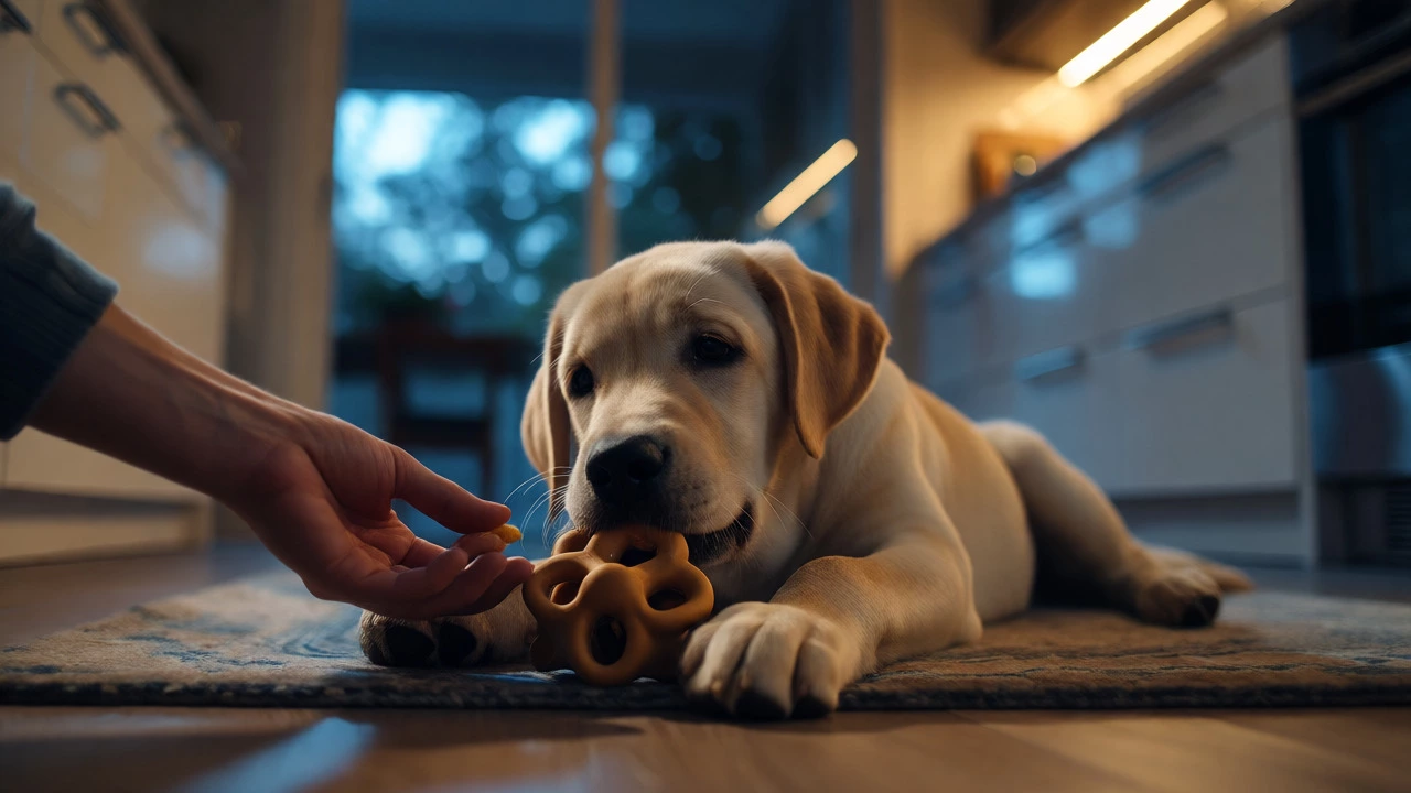 Labrador puppy calmly chewing a toy during a quiet pre-bedtime wind-down routine.
