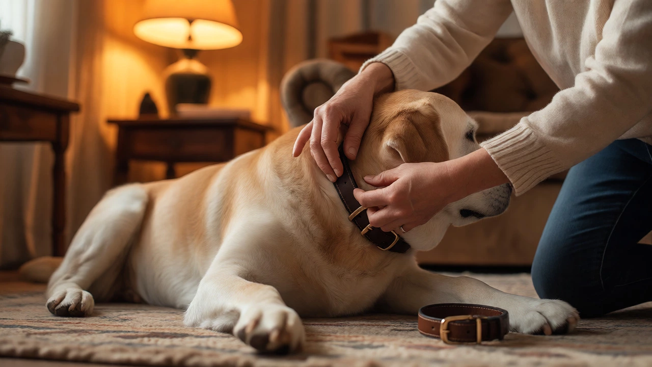 Owner checking a senior Labrador's neck while removing its leather collar.