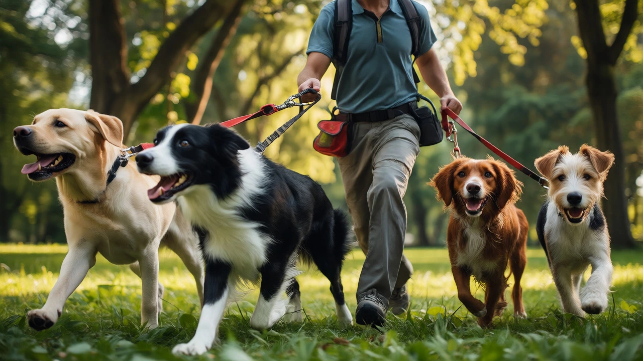 Professional walker managing a group of four dogs in a sunny park