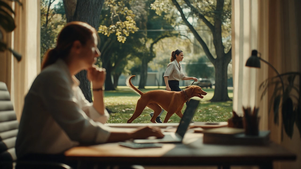 Remote worker focused on laptop while dog walker exercises pet outside
