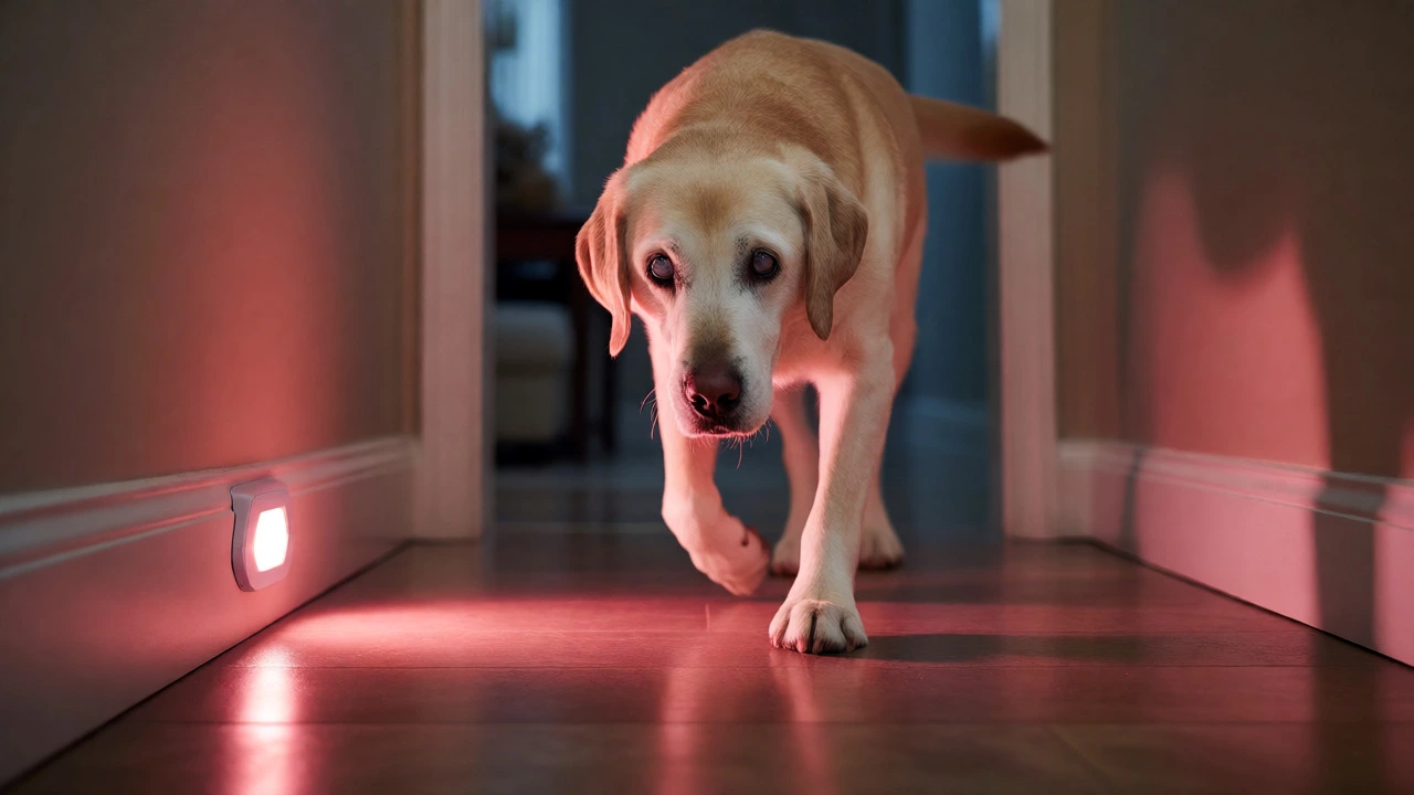 Senior dog walking safely down a hallway lit by a red sensor light
