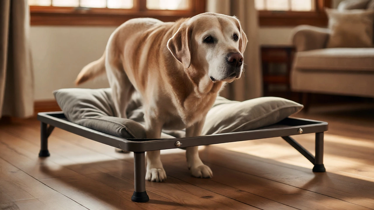 Senior Labrador standing up easily from a supportive elevated dog bed indoors