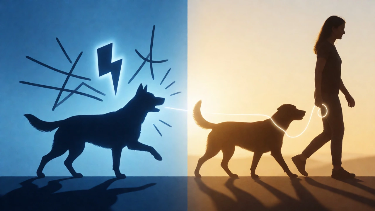 Split image contrasting a startled dog in blue tones with a calm dog in warm light, showing training evolution.