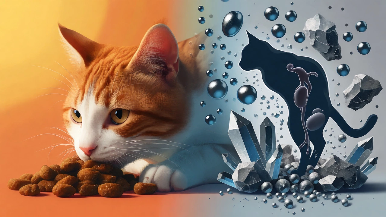Artistic depiction of health risks associated with excessive tuna consumption in cats.