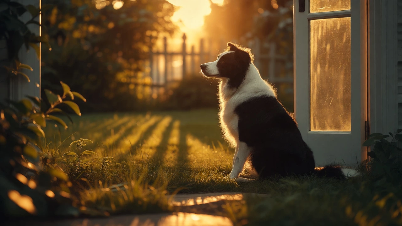 Border Collie sitting patiently near an open garden door