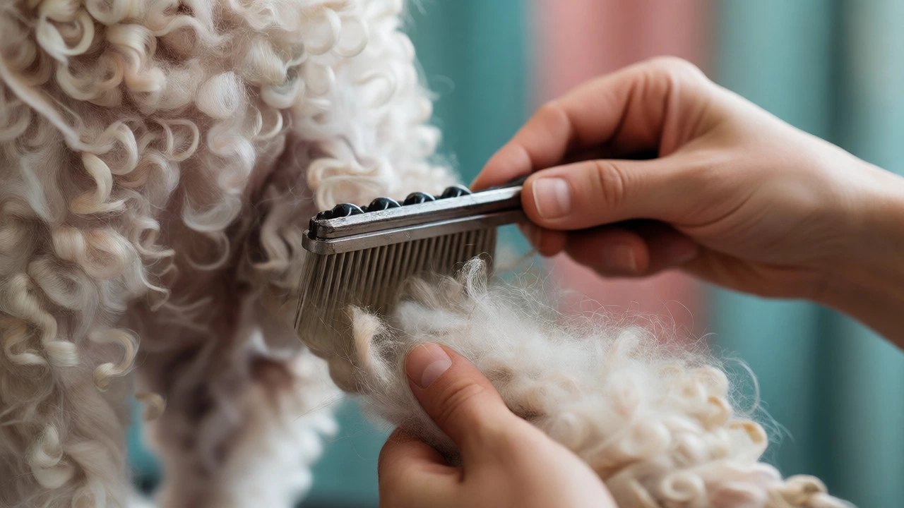 Close-up of a groomer brushing mats out of a curly Poodle's coat.