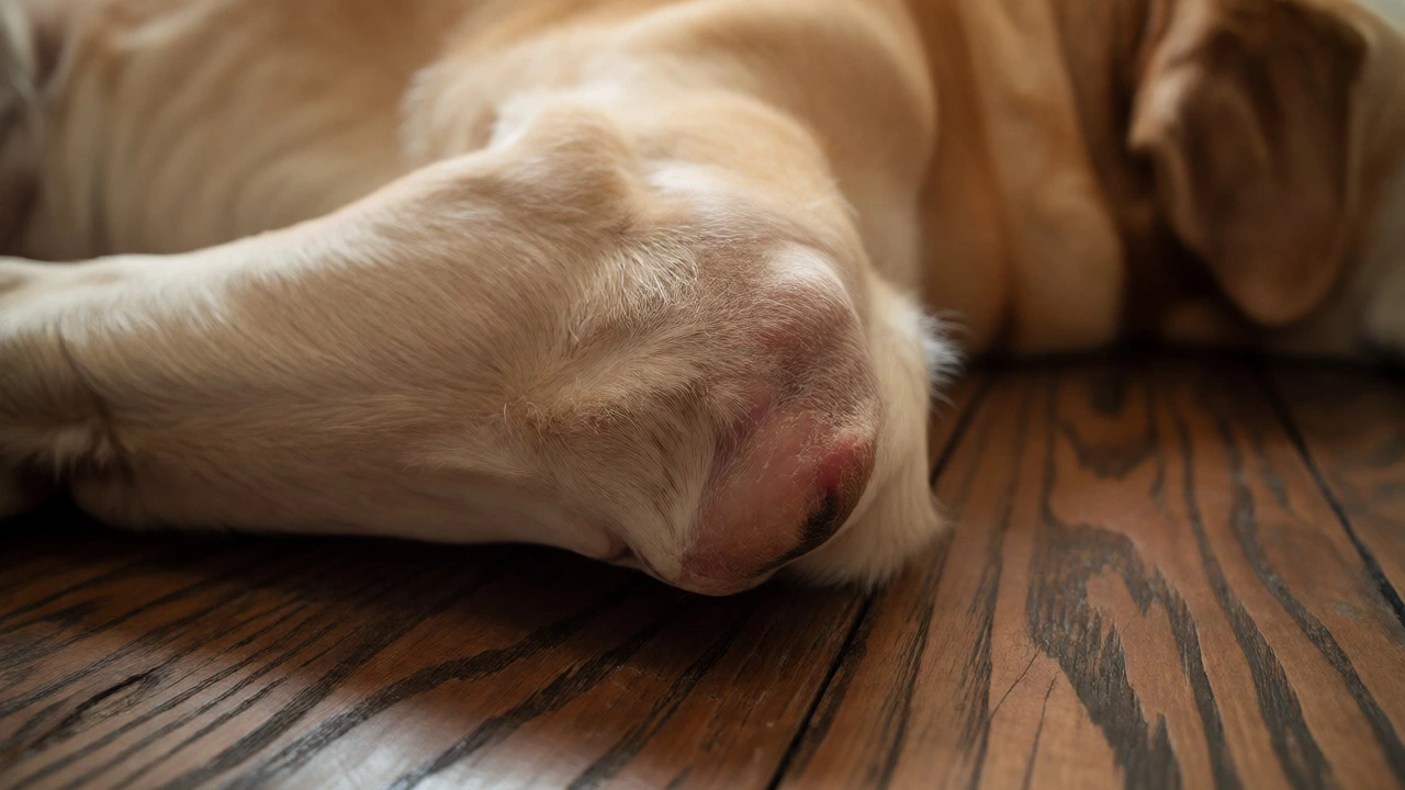 Close-up of elderly dog's elbow on hard floor showing skin irritation