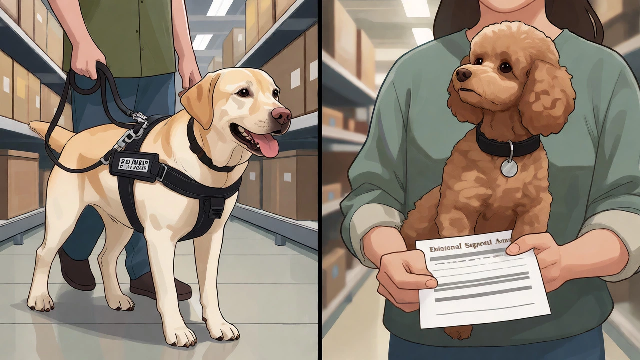 Comparison showing a working guide dog alongside a pet dog held by its owner.