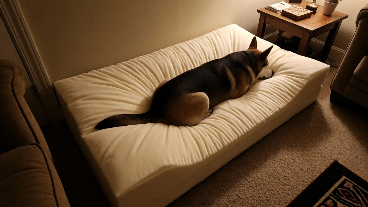 Dog resting comfortably on a thick orthopedic memory foam bed that supports spinal alignment.