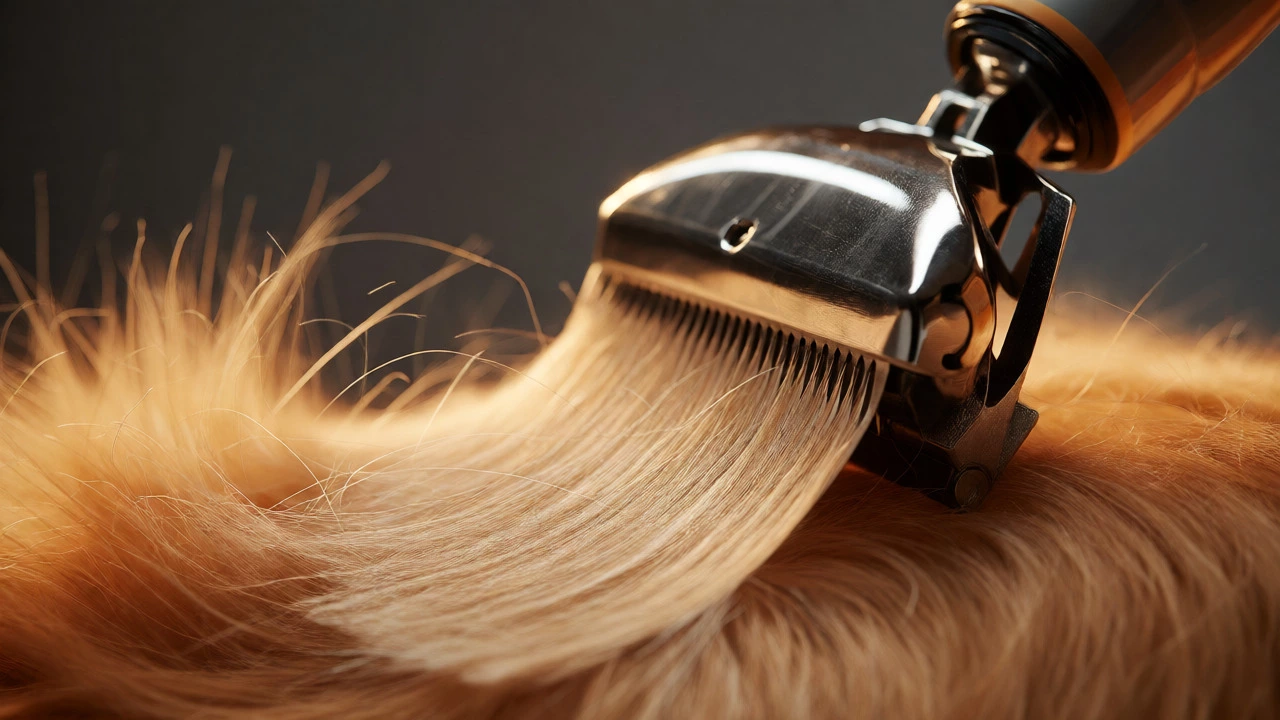 Electric clippers cutting through dry, brushed Golden Retriever fur