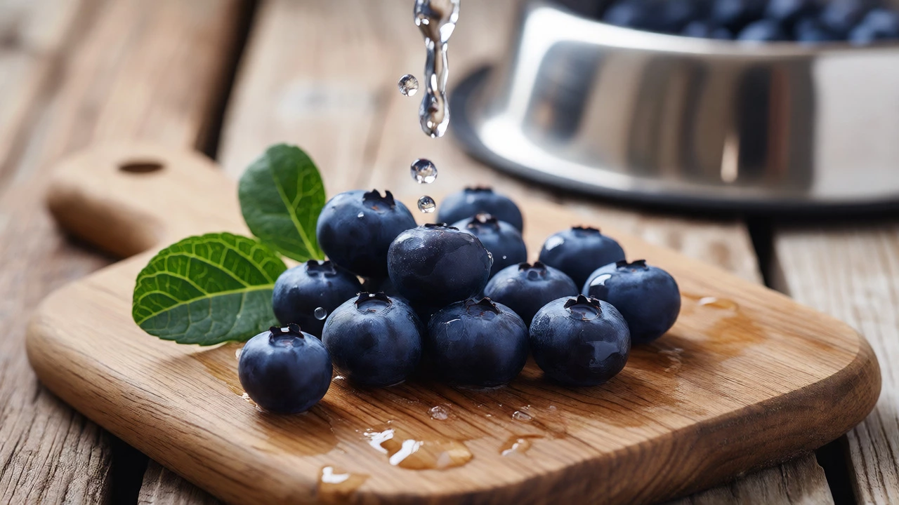 Fresh blueberries being washed under running water on a wooden board.