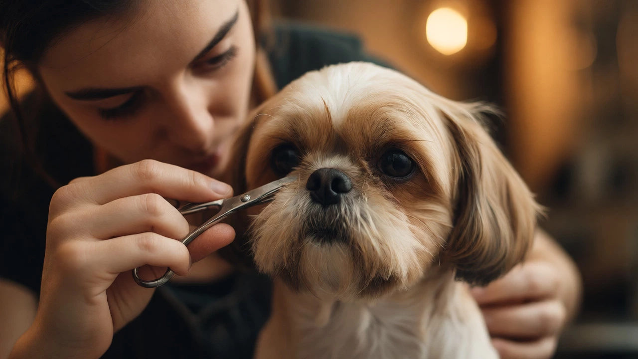 Groomer carefully scissoring the damp facial hair of a Shih Tzu