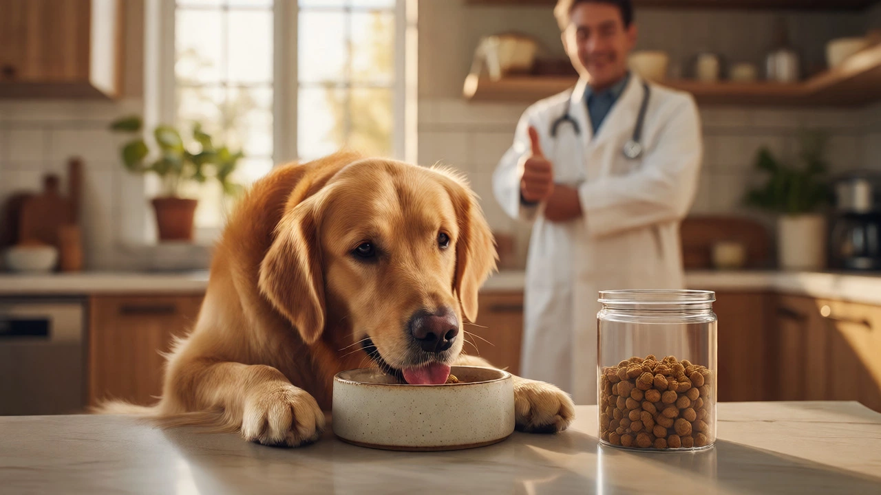 Healthy golden retriever eating approved food while vet approves nearby.