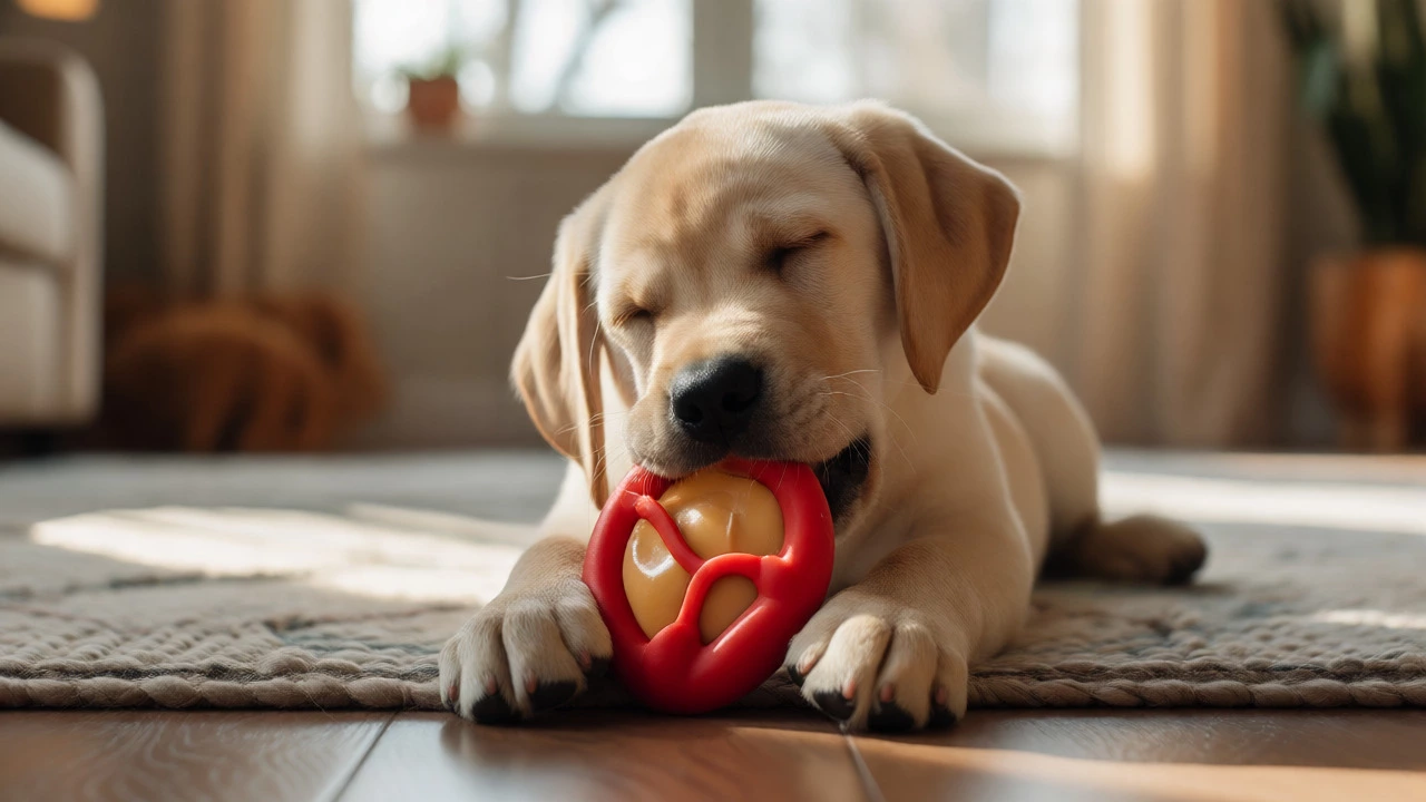 Labrador puppy chewing a frozen peanut butter-stuffed rubber toy