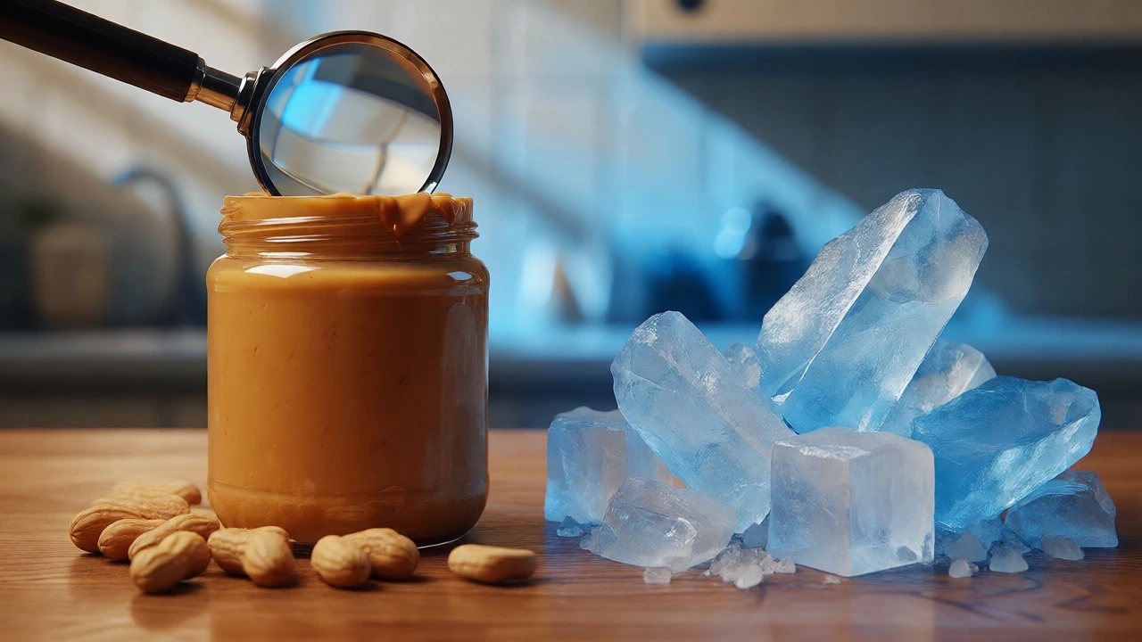 Macro shot of peanut butter jar with magnifying glass and abstract danger symbols