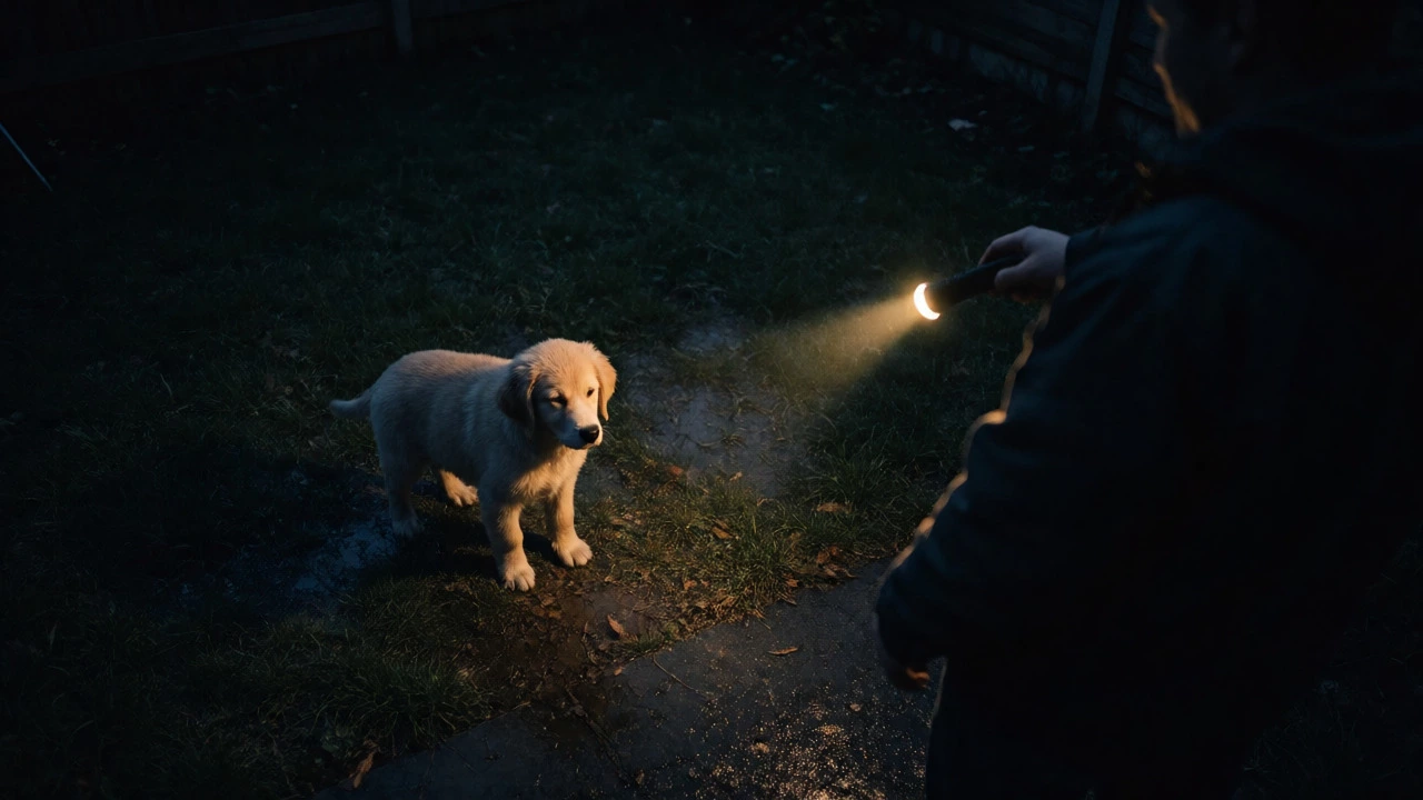 Owner carrying sleepy puppy outside with flashlight at night