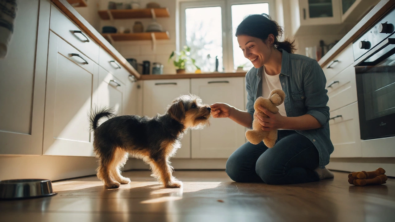 Owner kneeling with terrier puppy in a bright kitchen