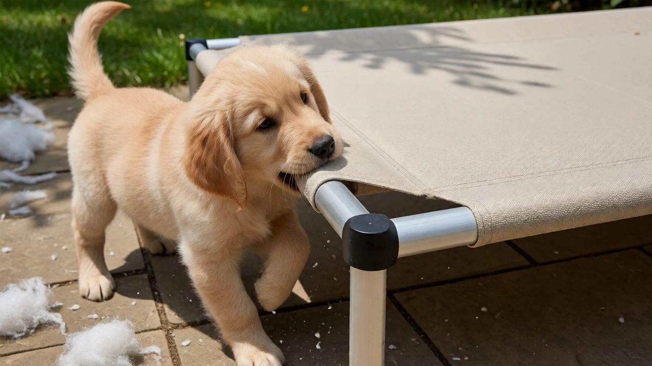 Puppy chewing on a durable elevated canvas cot bed