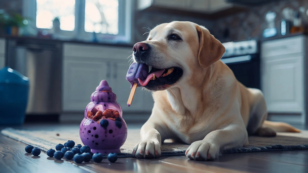 Senior dog enjoying a frozen blueberry yogurt treat in a bright kitchen.