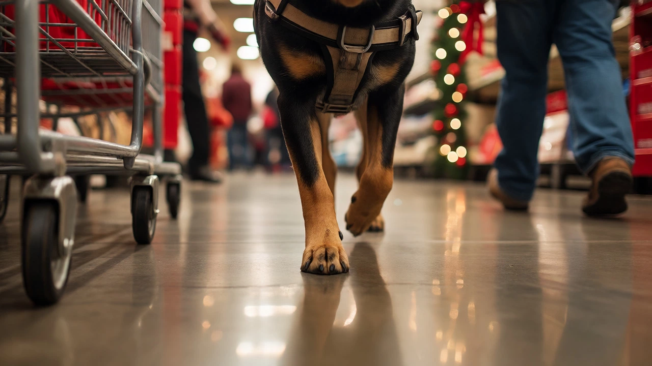Service dog walking steadily on a polished floor amid holiday store crowds.