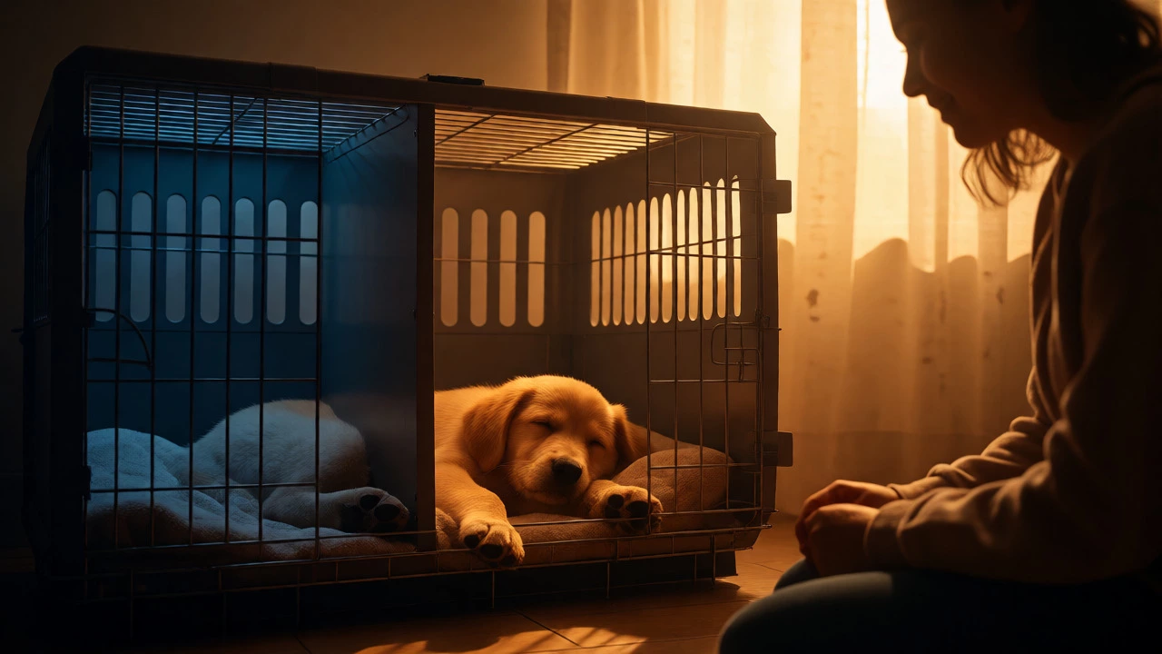 Sleeping puppy in crate during sunny morning after successful night