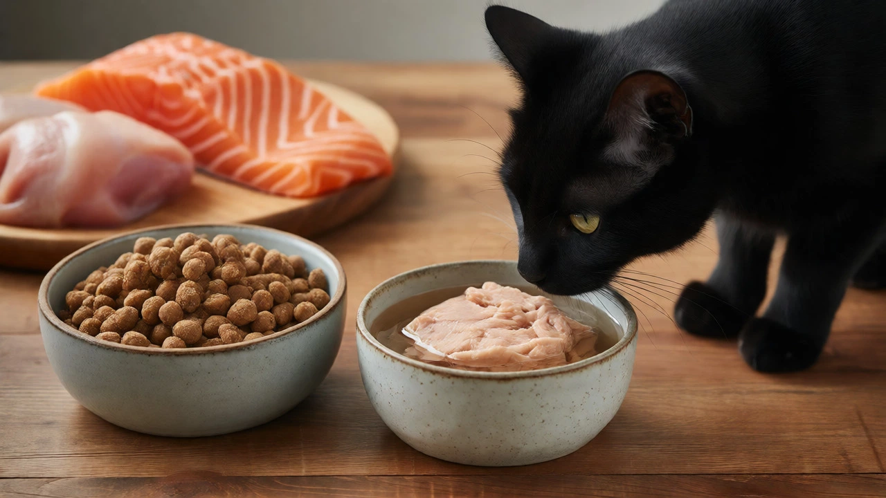 Small bowl of plain canned tuna next to dry cat food with a cat inspecting it.