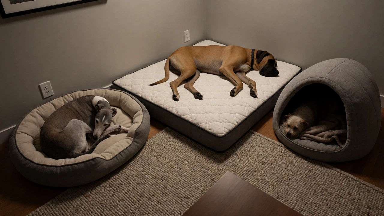 Three dogs sleeping in different styles of dog beds