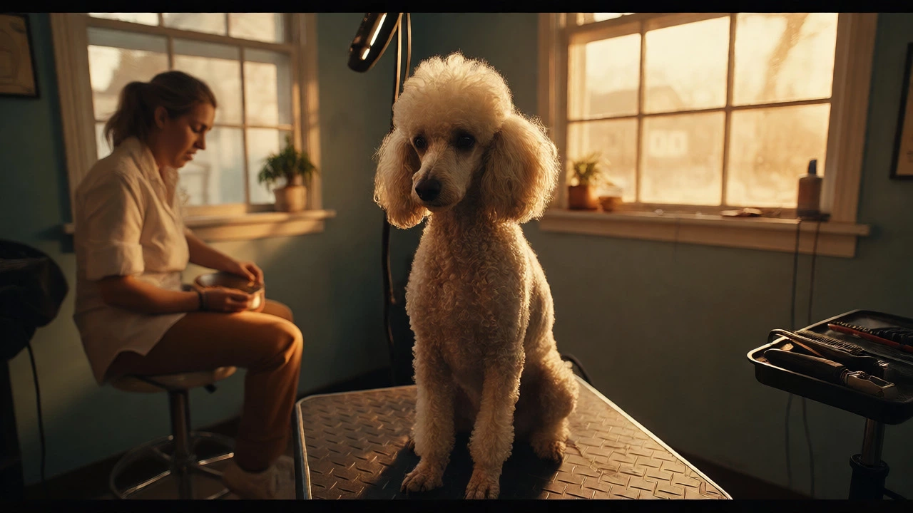 Tired but well-groomed Standard Poodle resting on a table after a long session.
