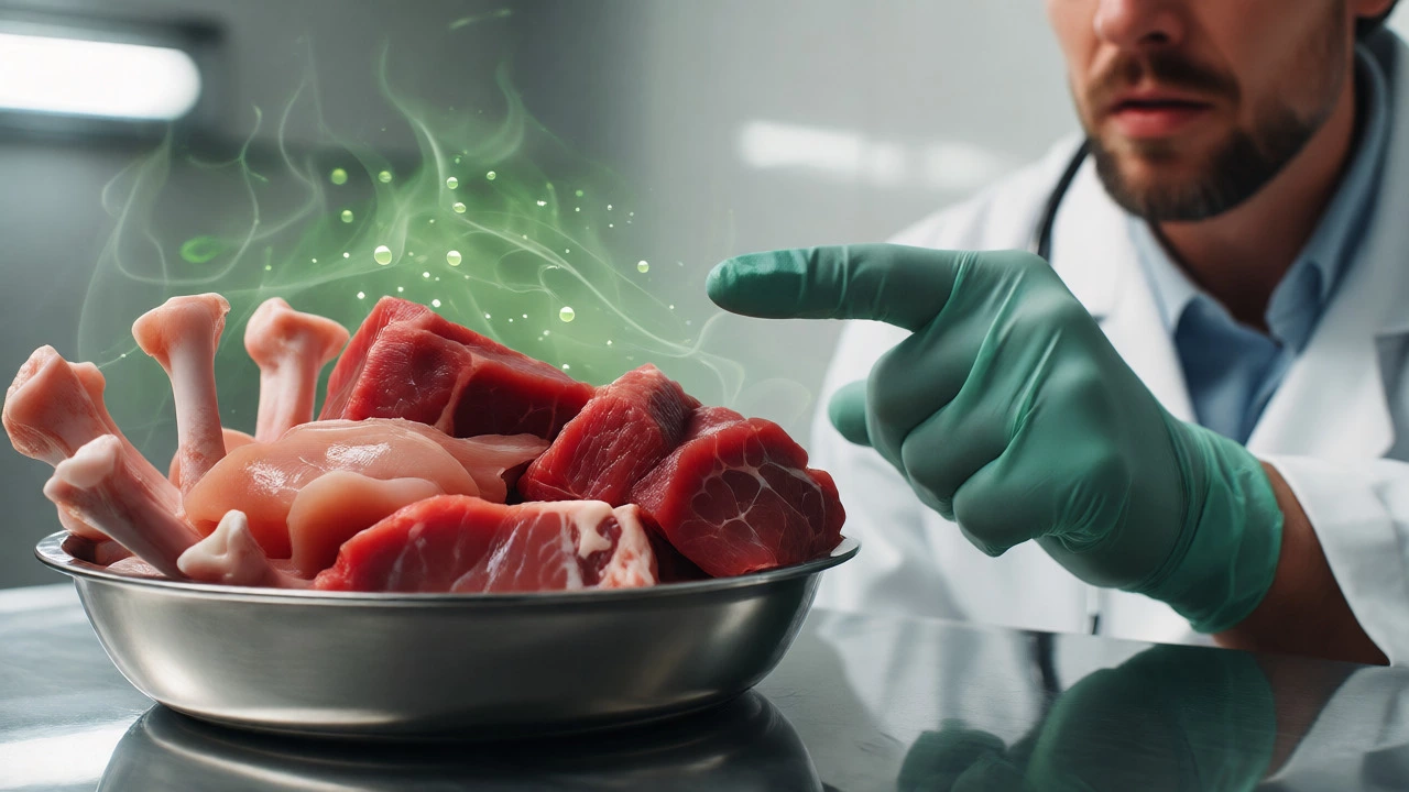 Vet examining raw meat diet with signs of bacterial contamination risks.