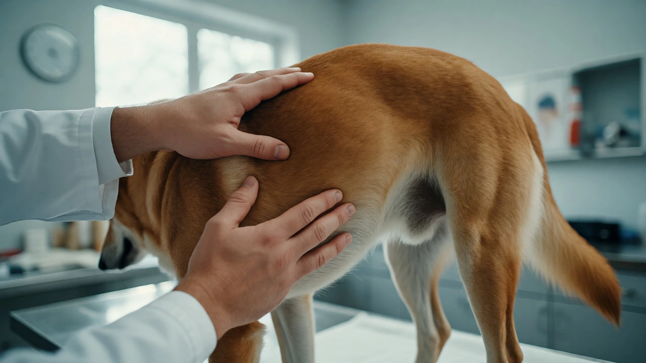 Veterinarian performing a physical examination on a dog's back and abdomen in a clinic.